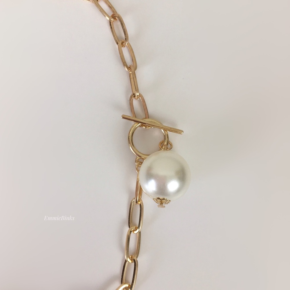 ✨3/$38 New Golden Chain Faux Pearl Toggle Clasp Front Closure Necklace T Bar - Picture 11 of 16